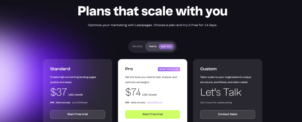 Leadpages pricing options