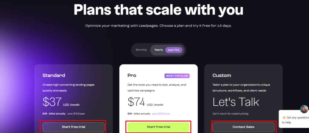 Leadpages pricing plans