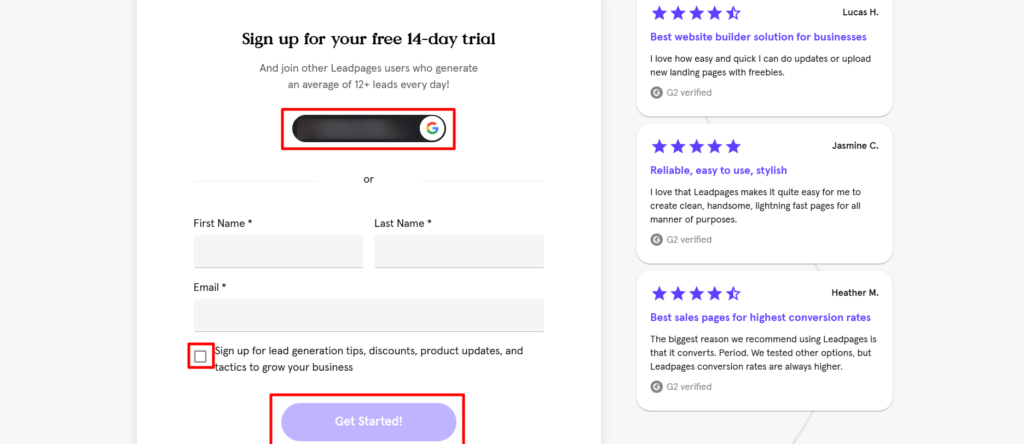 Sign up for Leadpages